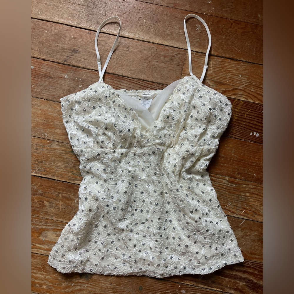 Vintage White Lace Sequin Babydoll Peblum Bridal Fairycore Princess Tank Top